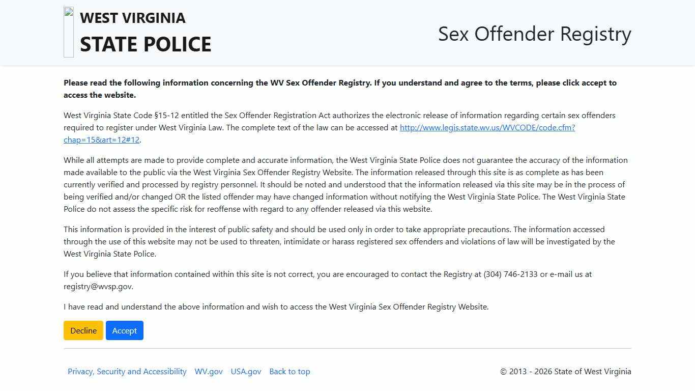 State Police Sex Offender Registry - Disclaimer
